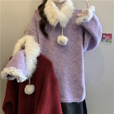 批发新年红色可拆卸大毛领针织<b class='q'>毛衣</b>女秋冬大码胖mm蕾丝拼接巨好看上衣