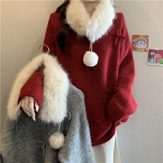 批发蝴蝶结毛毛领围脖红色<b class='q'>毛衣</b>两件套女秋冬大码胖mm宽松慵懒针织上衣