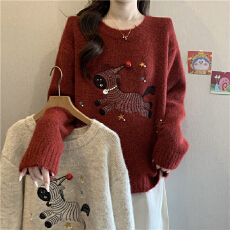 批发红色小马钉珠刺绣正肩<b class='q'>毛衣</b>女2025秋冬大码胖mm马海毛减龄针织上衣