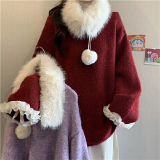 批发新年红色可拆卸大毛领针织<b class='q'>毛衣</b>女秋冬大码胖mm蕾丝拼接巨好看上衣
