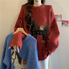 批发马上有钱新年红色小马提花<b class='q'>毛衣</b>女2025秋冬洋气减龄马海毛针织上衣