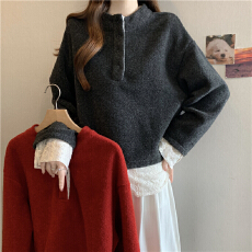加厚半高领红色毛呢卫衣女2025秋冬大码胖mm显瘦法式蕾丝拼接上衣