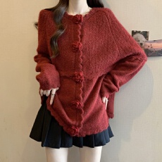 批发新年红色立体花朵毛衣外套<b class='q'>女</b>秋冬大码胖mm宽松慵懒风针织开衫上衣