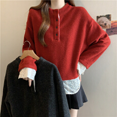 批发加厚半高领红色毛呢卫衣女2025秋冬大码胖mm显瘦法式蕾丝拼接上衣