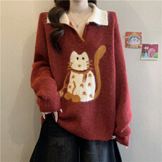 批发新年红色小猫提花<b class='q'>毛衣</b>女秋冬大码胖mm设计感减龄Polo领针织衫上衣