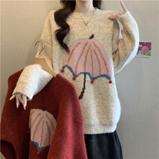 批发新年红色卡通雨伞提花<b class='q'>毛衣</b>女2025秋冬大码胖mm宽松加厚针织衫上衣