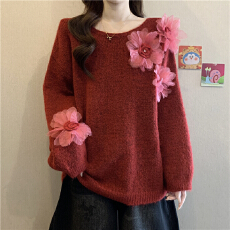 批发红色立体花朵针织衫<b class='q'>毛衣</b>女秋冬大码胖mm显瘦今年流行独特漂亮上衣