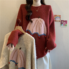 批发新年红色卡通雨伞提花<b class='q'>毛衣</b>女2025秋冬大码胖mm宽松加厚针织衫上衣