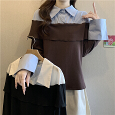 批发高级感假两件polo领拼接长袖衬衫女春季大码胖mm遮肉显瘦撞色上衣