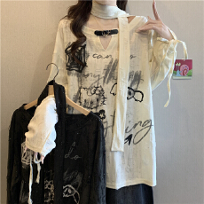 批发美式复古V领皮扣破洞长袖T恤女春季2026大码胖mm宽松遮肚罩衫上衣