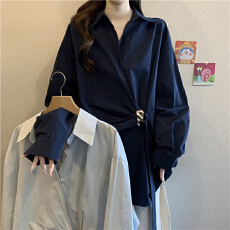 批发蓝色不规则交叉V领长袖衬衫女2026大码胖mm显瘦系带收腰遮肚上衣