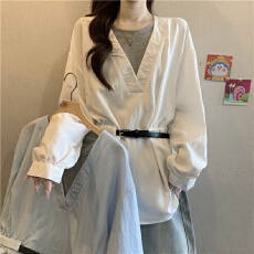 批发蓝色假两件拼接长袖衬衫女2026春大码胖mm显瘦中长款腰带收腰上衣