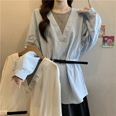 批发蓝色假两件拼接长袖衬衫女2026春大码胖mm显瘦中长款腰带收腰上衣