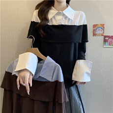 批发高级感假两件polo领拼接长袖衬衫女春季大码胖mm显瘦黑白撞色上衣