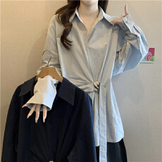 批发蓝色不规则交叉V领长袖衬衫女2026大码胖mm显瘦系带收腰遮肚上衣