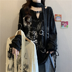 批发美式复古V领皮扣破洞长袖T恤女春季2026大码胖mm宽松遮肚罩衫上衣