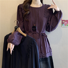 批发紫色蕾丝花边拼接长袖衬衫女2026大码胖mm设计感收腰显瘦系带上衣