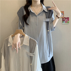 批发超好看<b class='q'>针织</b>披肩蓝色短袖衬衫女夏季<b class='q'>大码</b>胖MM休闲显瘦上衣两件套装