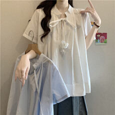 批发浅蓝色立体花朵系带V领正肩<b class='q'>衬衫</b><b class='q'>女</b>夏季大码胖mm娃娃衫超好看上衣