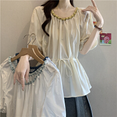 批发洋气撞色编织花边圆领<b class='q'>短袖</b><b class='q'>衬衫</b><b class='q'>女</b>夏季大码胖mm系带收腰娃娃衫上衣