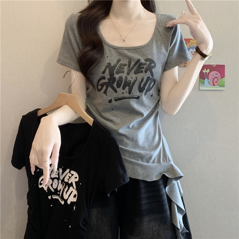 프릴 패치워크 리본 알파벳 프린트 반팔 티셔츠 여성 여름 지방 mm 외국 가스 몸매 가꾸기 불규칙 맨위 트렌디