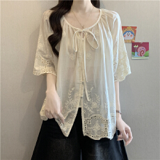 批发法式高级感系带刺绣七分袖<b class='q'>衬衫</b><b class='q'>女</b>夏季大码胖mm遮肉显瘦娃娃衫上衣