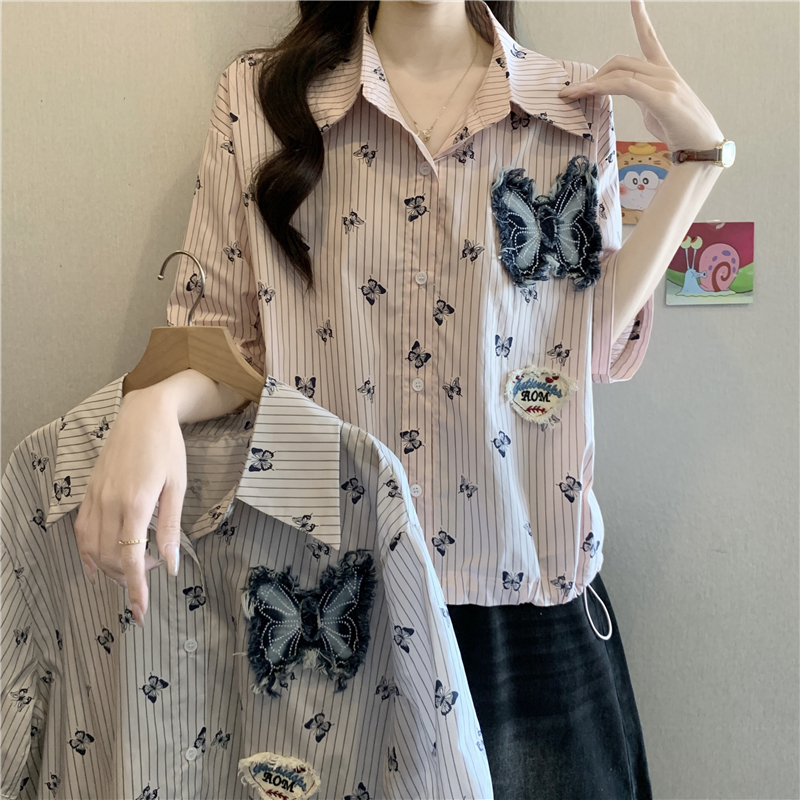 레트로 디자인 센스 나비 프린트 반팔 여성 셔츠 여름 지방 mm 루즈핏 표지 배 펌프 로프 허리 수축 Chic 맨위