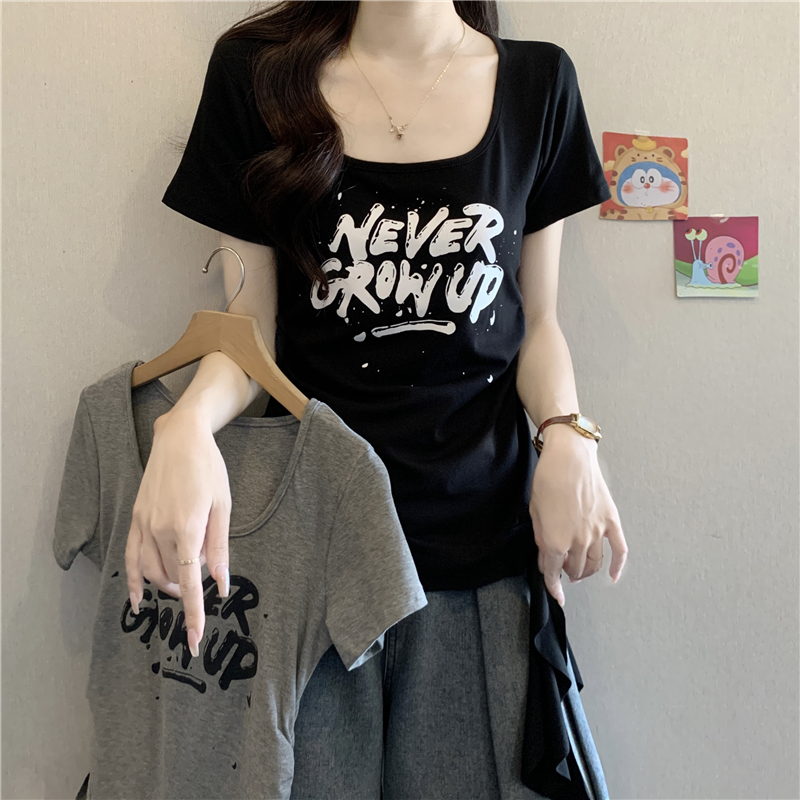 프릴 패치워크 리본 알파벳 프린트 반팔 티셔츠 여성 여름 지방 mm 외국 가스 몸매 가꾸기 불규칙 맨위 트렌디