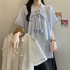 批发浅蓝色立体花朵系带V领正肩<b class='q'>衬衫</b><b class='q'>女</b>夏季大码胖mm娃娃衫超好看上衣