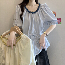 批发洋气撞色编织花边圆领<b class='q'>短袖</b><b class='q'>衬衫</b><b class='q'>女</b>夏季大码胖mm系带收腰娃娃衫上衣