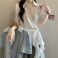 批发法式白色V领正肩短袖<b class='q'>衬衫</b>女夏季大码胖MM绑带收腰不规则飘带上衣