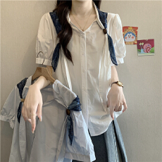 批发独特设计感漂亮丝巾V领短袖衬衫女夏<b class='q'>大码</b>胖mm宽松遮肚超好看上衣