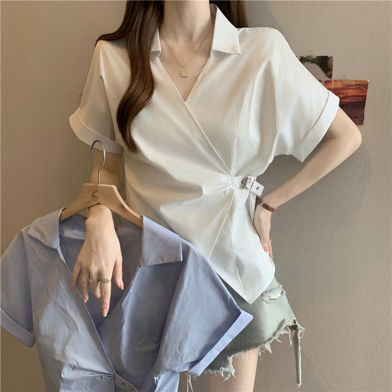 프랑스식 Chic 파란색 V넥 반팔 여성 셔츠 2026 여름 지방 mm 슬림해 보이는 불규칙 레이스업 허리 수축 맨위