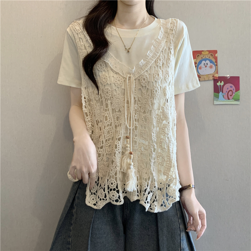 2026 여름 새로운 지방 mm 보헤미안 레이스 자수 홀로우 아웃 슬립 스택 착용 반팔 티셔츠 맨위 투피스 세트