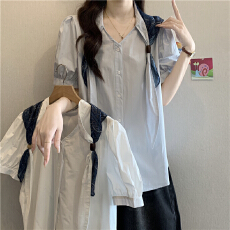 批发独特设计感漂亮丝巾V领短袖衬衫女夏<b class='q'>大码</b>胖mm宽松遮肚超好看上衣