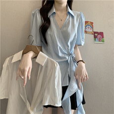 批发法式白色V领正肩短袖<b class='q'>衬衫</b>女夏季大码胖MM绑带收腰不规则飘带上衣