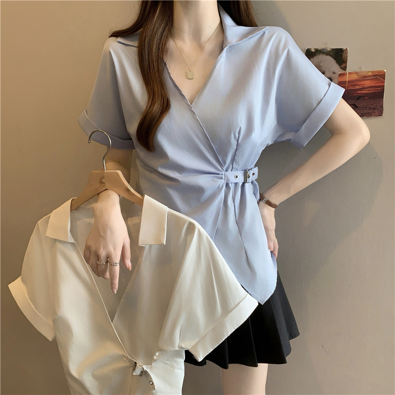 프랑스식 Chic 파란색 V넥 반팔 여성 셔츠 2026 여름 지방 mm 슬림해 보이는 불규칙 레이스업 허리 수축 맨위
