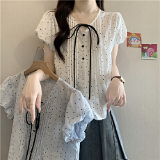 批发蝴蝶结绑带V领波点泡泡短袖<b class='q'>衬衫</b>女夏2026大码胖mm娃娃衫减龄上衣