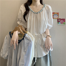 批发洋气撞色编织花边圆领短袖<b class='q'>衬衫</b>女夏季大码胖mm系带收腰娃娃衫上衣