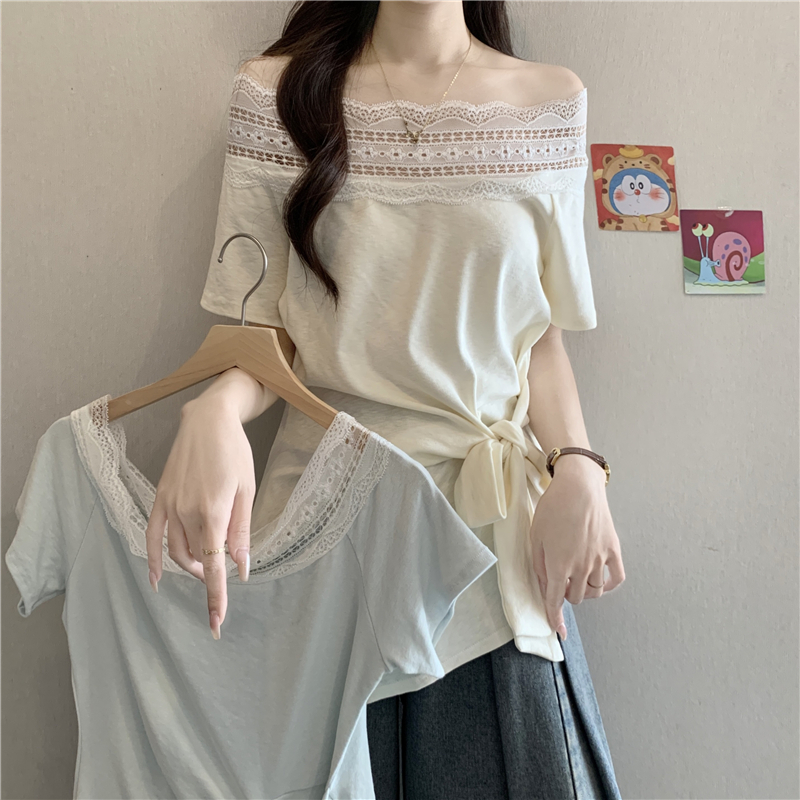 레이스 조각 보트넥 오프숄더 반팔 티셔츠 여성 여름 지방 mm 아름다운 Chic 스트랩 작은 셔츠 불규칙 맨위