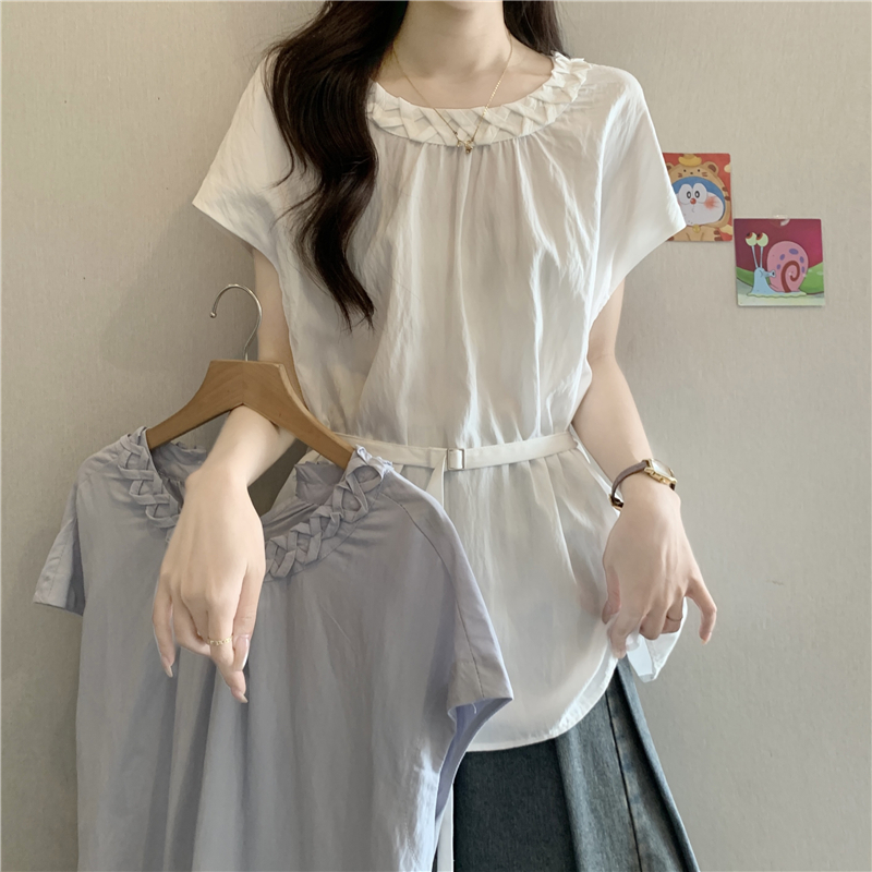 하늘색 외국 가스 레이스 칼라 작은 날다 반팔 여성 셔츠 2026 여름 지방 mm 레이스업 허리 수축 인형 셔츠 맨위
