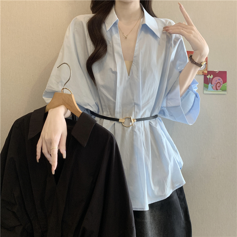 프랑스식 고급 센스 주름 V넥 반팔 여성 셔츠 2026 여름 지방 mm 벨트 허리 수축 표지 고기 슬림해 보이는 맨위