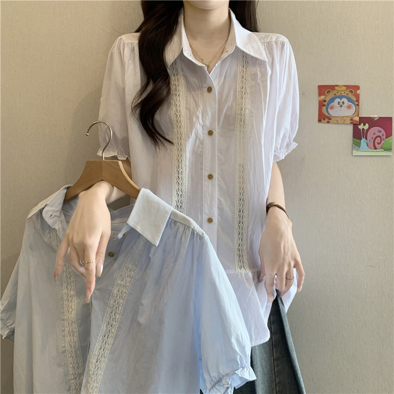 하늘색 프랑스식 레이스 측면 반팔 여성 셔츠 여름 빅 사이즈 지방 mm 슬림해 보이는 Chic 아름다운 인형 셔츠 맨위