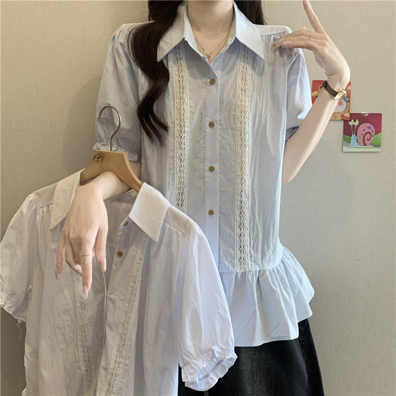 하늘색 프랑스식 레이스 측면 반팔 여성 셔츠 여름 빅 사이즈 지방 mm 슬림해 보이는 Chic 아름다운 인형 셔츠 맨위