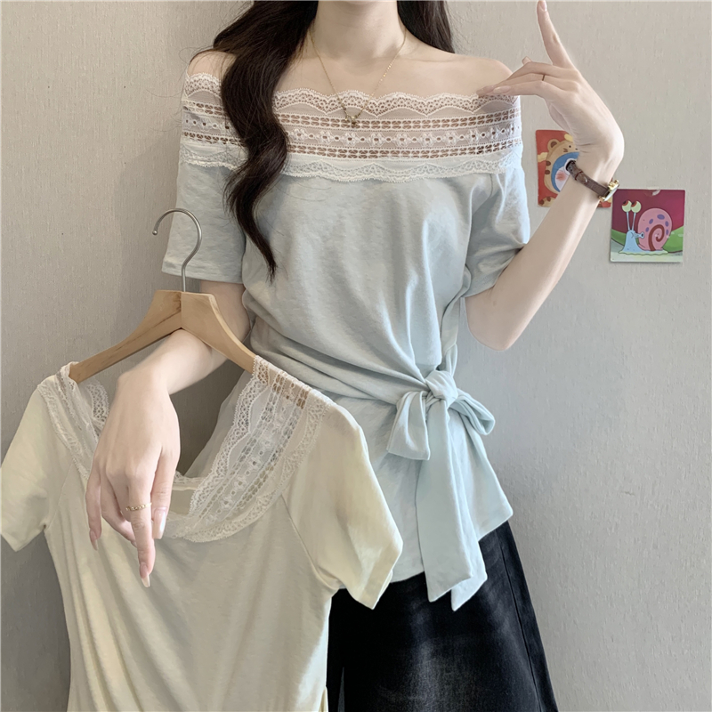 레이스 조각 보트넥 오프숄더 반팔 티셔츠 여성 여름 지방 mm 아름다운 Chic 스트랩 작은 셔츠 불규칙 맨위