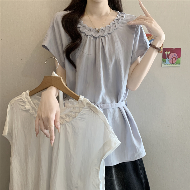 하늘색 외국 가스 레이스 칼라 작은 날다 반팔 여성 셔츠 2026 여름 지방 mm 레이스업 허리 수축 인형 셔츠 맨위