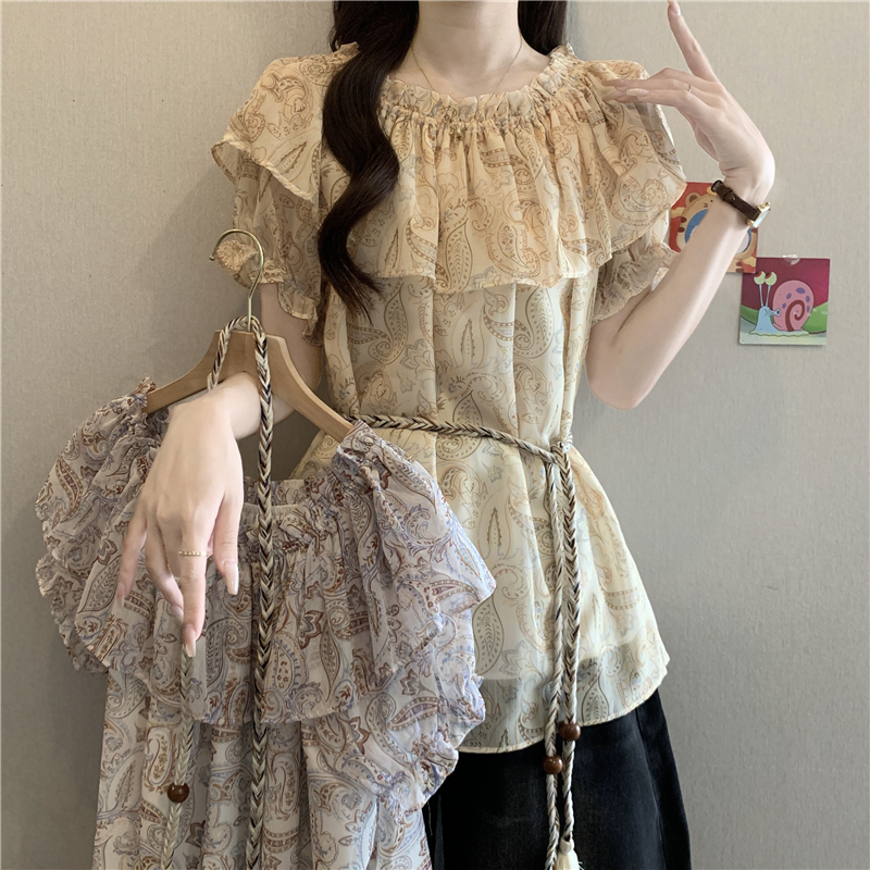 레트로 꽃무늬 보트넥 반팔 여성 셔츠 여름 2026 빅 사이즈 지방 mm 슬림해 보이는 레이스업 허리 수축 오프숄더 맨위