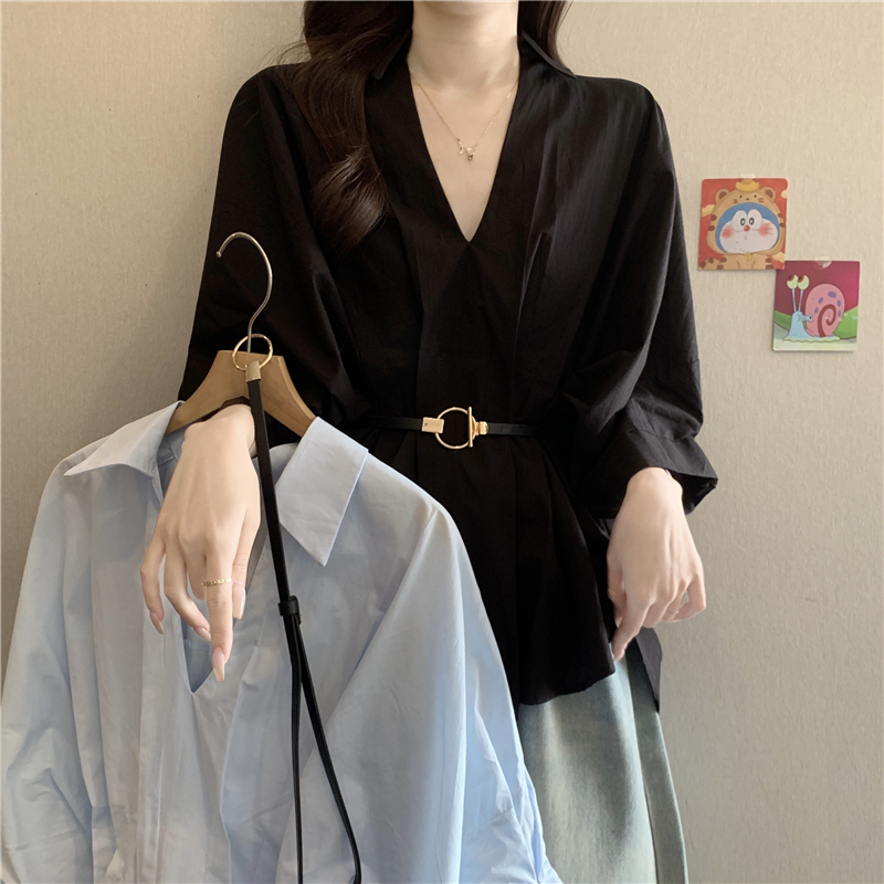 프랑스식 고급 센스 주름 V넥 반팔 여성 셔츠 2026 여름 지방 mm 벨트 허리 수축 표지 고기 슬림해 보이는 맨위