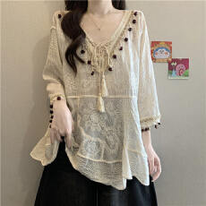 批发法式钩花刺绣V领蕾丝衫短袖女2026夏大码胖mm串珠波西米亚风上衣