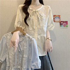 批发高级感刺绣钩花蕾丝衬衫女2026夏季胖妹妹遮肉显瘦泡泡袖小衫上衣